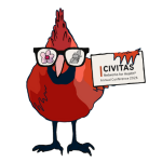 A cartoon illustration of a red cardinal standing upright on a white background. The bird has a bright red body, dark blue legs and feet, and a pointed red crest on its head. It is wearing oversized black sunglasses. In the left lens of the sunglasses is a pink flower graphic, and in the right lens is a gray outline of the state of Virginia. The cardinal is holding a white rectangular sign in its right wing. On the sign, an orange vertical bar appears on the left, followed by the text “CIVITAS” in black and “Networks for Health®” below it. Beneath that, smaller black text reads “Annual Conference 2026.” The top edge of the sign features an orange paint-drip design.